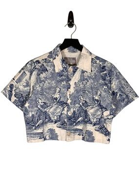 Casa Grace Size S/M Toile De Jouy Print Short Sleeve Cropped Button Up Shirt